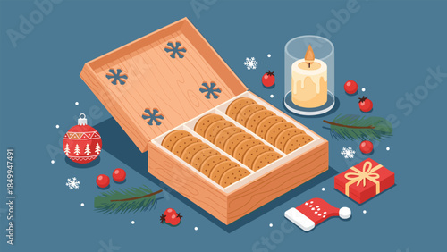 Festive holiday treats are beautifully arranged in a wooden box with seasonal decorations creating a cozy winter scene.