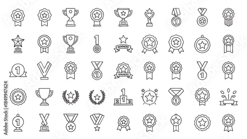 Modern outline vector icons set illustrating success achievement and championship awards for recognition and victory celebration