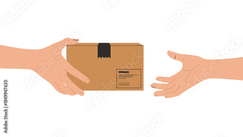 Hands exchanging a cardboard package represents delivery, shipping, or receiving goods, symbolizing convenience and modern logistics.
