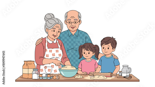 Grandparents and grandchildren happily baking together in a warm kitchen, creating cherished family memories and delicious treats.
