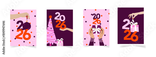 Souhaiter une belle année 2026 avec ces cartes de voeux illustrées modernes et colorés - des mains mettent en avant l'année 2026 ou des cadeaux pour prédire une bonne année