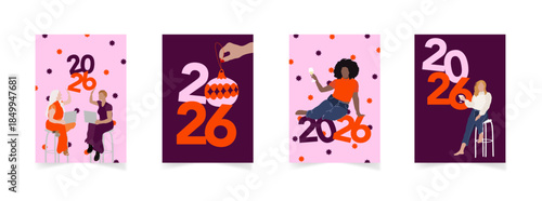 Ensemble de cartes de voeux pour une bonne année 2026 - illustrations vectorielles moderne avec des personnages féminins et des mains -teintes rose et orange.