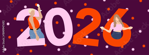 Bannière web 2026, pour célébrer la nouvelle année avec ses clients - illustrations vectorielles avec des silhouettes de femmes qui dansent une coupe de champagne à la main 