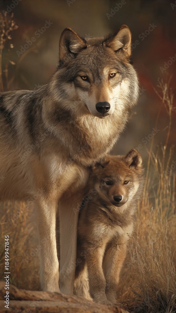Fototapeta premium Wolves Embracing Tenderly at Sunset