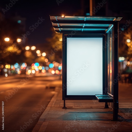 Empty bus stop billboard at night with blank poster frame and copy space for advertising