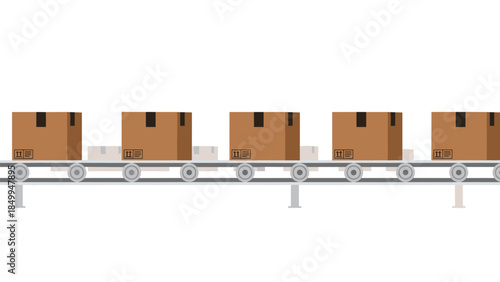 Cardboard boxes are efficiently transported along a gray conveyor belt in a streamlined industrial setting.
