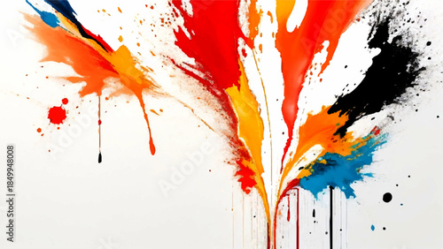 Dynamic Abstract Paint Splash Background. Explosive Yellow, Orange & Azure Blue Liquid Burst with Black Ink Drips. Modern Minimalist Watercolor Texture for Creative Graphic Design.
