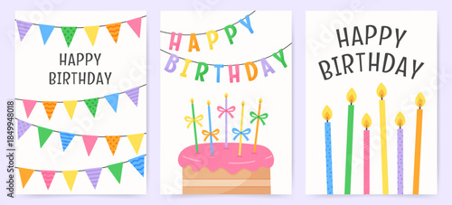 Happy birthday greeting cards with colorful garlands, candles and cake. Bright cartoon style illustration for party invitation, celebration design, or holiday decoration