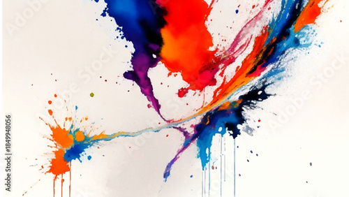 Dynamic Abstract Paint Splash Background. Explosive Yellow, Orange & Azure Blue Liquid Burst with Black Ink Drips. Modern Minimalist Watercolor Texture for Creative Graphic Design.