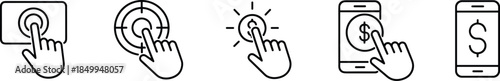 Set of black line icons showing hand clicking on dollar symbols and mobile phones for digital payment concepts