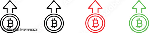 Vector line icon set featuring bitcoin cryptocurrency coins with upward growth arrows in black red and green colors for financial market analysis and trading
