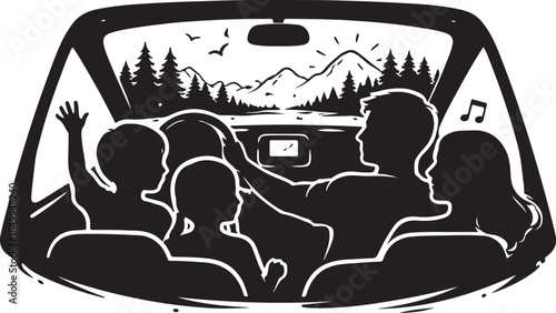A silhouette of family in car, road trip moment, black silhouette