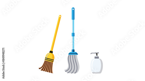 Colorful cleaning supplies including a broom, mop, and soap dispenser are neatly arranged for household chores.