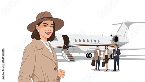 Stylish woman in hat and trench coat stands confidently as business professionals disembark from a private jet, symbolizing success and travel.