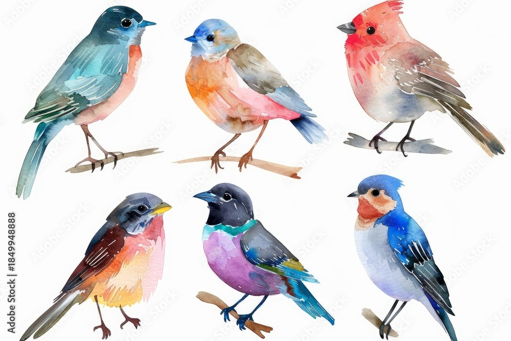 Fototapeta premium Watercolor painting showcasing a vibrant collection of birds, each perched delicately on a branch, displaying a variety of colors and plumage
