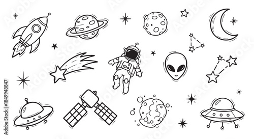 Space objects hand drawn set of doodles vector illustration