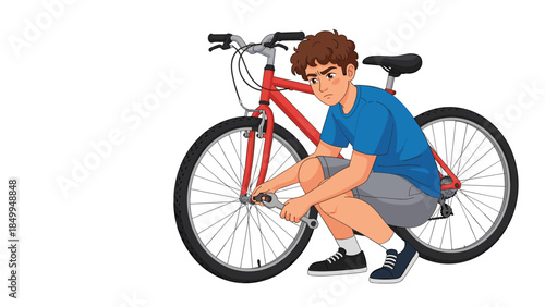 Frustrated young man attempts to repair a red bicycle with a wrench, looking concerned about the mechanical issue.