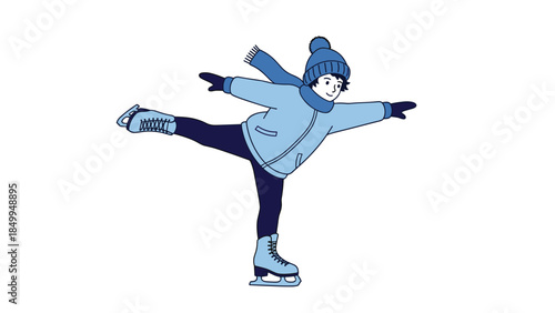 Young figure skater balances gracefully on the ice with arms outstretched, wearing winter clothing and a cheerful expression.
