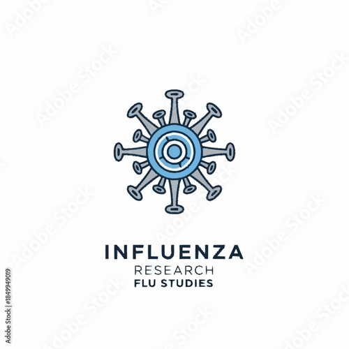A stylized blue and grey illustration of a virus particle, resembling influenza, with the text 'INFLUENZA RESEARCH FLU STUDIES' below it, on a white background.