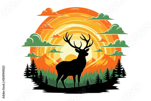 Majestic deer silhouette in a vibrant golden sunset mountain landscape. An inspiring nature illustration capturing the serene grandeur and spirit of the wild