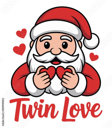 Cartoon Santa Claus Holding Hearts Twin Love Christmas Illustration