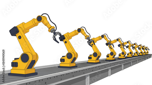 Automated robotic arms are lined up on a conveyor belt in a modern manufacturing facility, showcasing industrial automation.