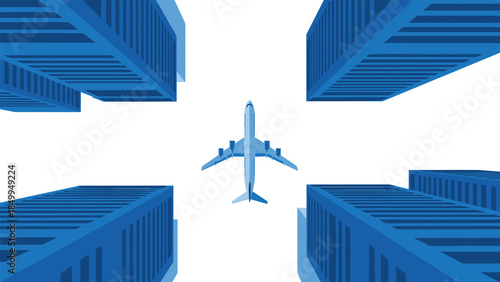 Commercial airplane flies directly between towering skyscrapers in a modern city, representing travel and urban life.