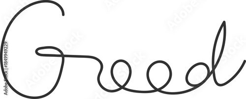 handwritten word greed in black cursive script line art isolated on white background