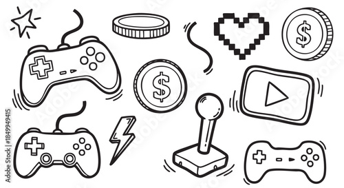 Video Game Doodle Illustration with Controllers and Power Elements Line Art