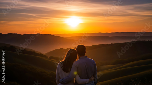 Couple embracing in silhouette against a vibrant sunset over rolling hills
