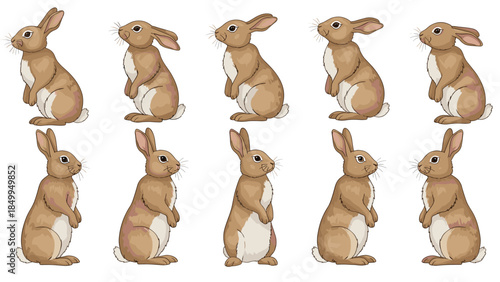 Collection of adorable brown rabbits in various upright poses, perfect for illustrations and springtime designs.