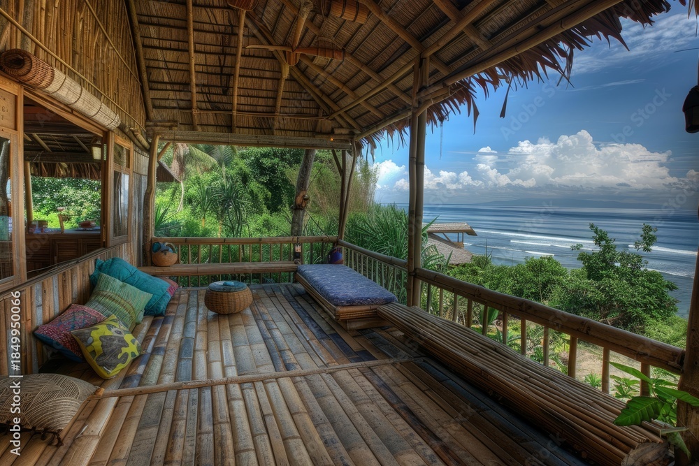 Obraz premium Luxurious bamboo porch overlooking a beautiful tropical ocean with waves rolling in