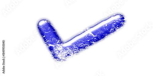 A blue, glossy, and textured checkmark symbol on a clean white background, suggesting completion or approval with an icy appearance.