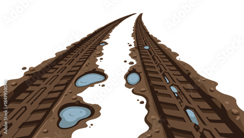 A perspective view of muddy tire tracks leading into the distance with puddles, suggesting an off-road journey or challenging terrain.