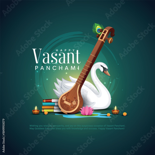 Vector illustration of happy Vasant Panchami puja of India. Creative design for banner, poster, card.
