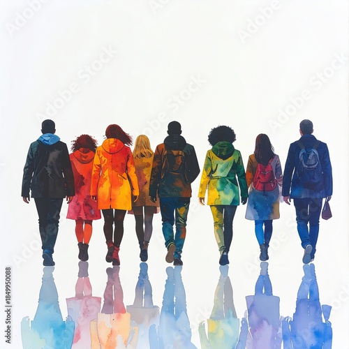 A group of diverse people walking away, their colorful coats reflecting in a glossy floor