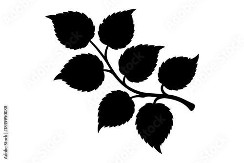 Elegant black silhouette of a delicate botanical branch adorned with multiple leaves, creating a versatile graphic element for nature-inspired designs, decorative accents, and artistic projects