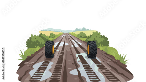 Muddy rural road stretches into the distance with large tractor tire tracks, showcasing a challenging off-road environment.