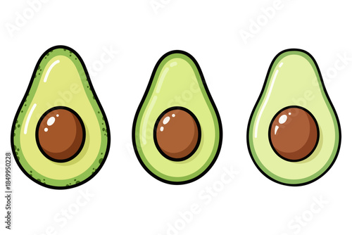 Three delicious avocado halves with smooth brown seeds and vibrant green flesh, perfect for healthy eating and culinary inspiration