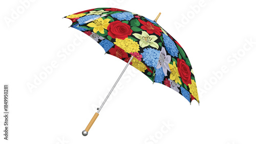 Colorful floral pattern umbrella is displayed against a clean white background, offering protection and style during rainy days.