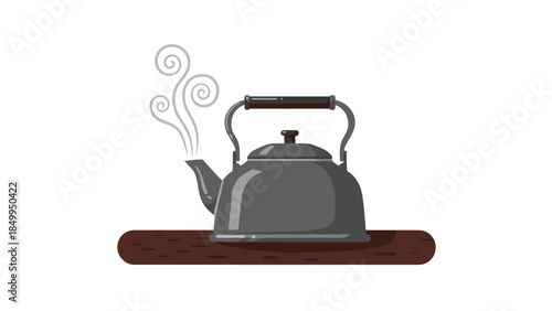 A steaming gray kettle sits on a dark wooden surface, suggesting warmth and a freshly brewed beverage is ready to be enjoyed.