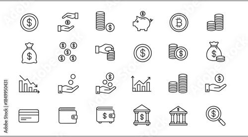 Large set of black and white financial line icons featuring money bags coins piggy banks wallets and bank buildings.