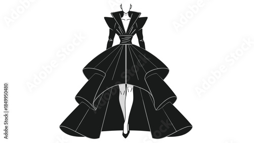 Dramatic black fashion illustration showcases a high-fashion gown with a voluminous tiered skirt and striking angular shoulders.