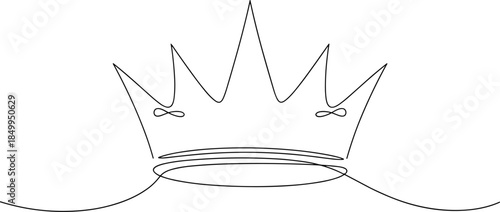 Minimalist continuous line drawing of a royal crown crown symbol representing king queen authority power and luxury on a clean white background (21 words)
