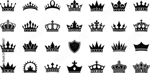 Large collection of black royal crown silhouettes and heraldic tiara icons set isolated on white background for king queen prince or luxury branding design.