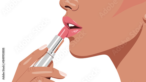 A woman carefully applies a rosy pink lipstick, enhancing her beauty with a classic makeup technique.