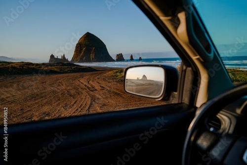 Oregon Coastline Reflection in Car Rearview Mirror