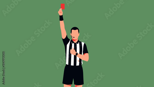 Soccer Referee Showing Red Card on Green Background.