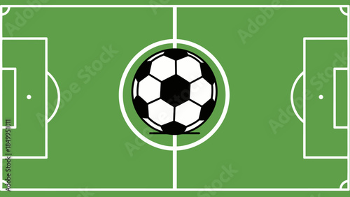 Top View of a Football Pitch with a Soccer Ball in the Center on Green Field Background