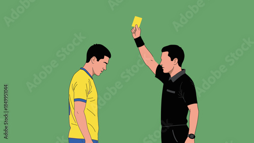 Football Referee Showing a Yellow Card to a Player on Green Field Background